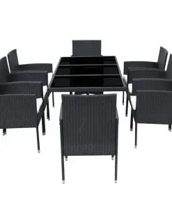 vidaXL 9 Piece Outdoor Dining Set with Cushions Poly Rattan Black