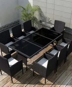 vidaXL 9 Piece Outdoor Dining Set with Cushions Poly Rattan Black