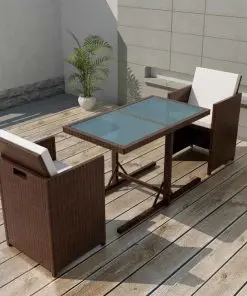 vidaXL 3 Piece Bistro Set with Cushions Poly Rattan Brown