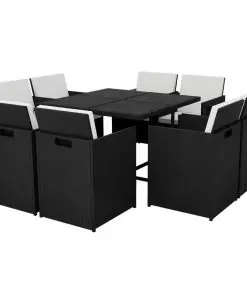 vidaXL 9 Piece Outdoor Dining Set with Cushions Poly Rattan Black
