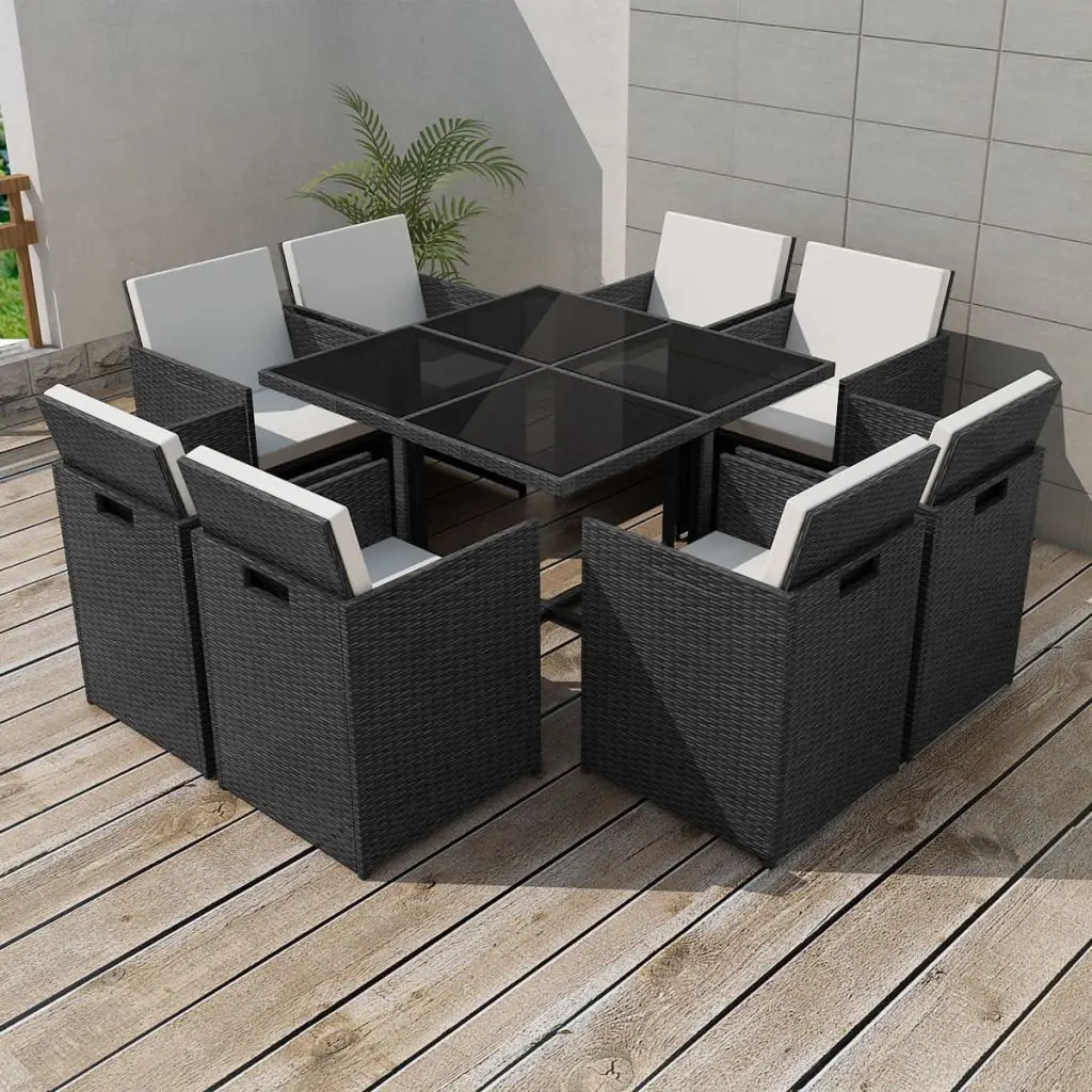 vidaXL 9 Piece Outdoor Dining Set with Cushions Poly Rattan Black