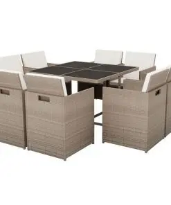 vidaXL 9 Piece Outdoor Dining Set with Cushions Poly Rattan Beige