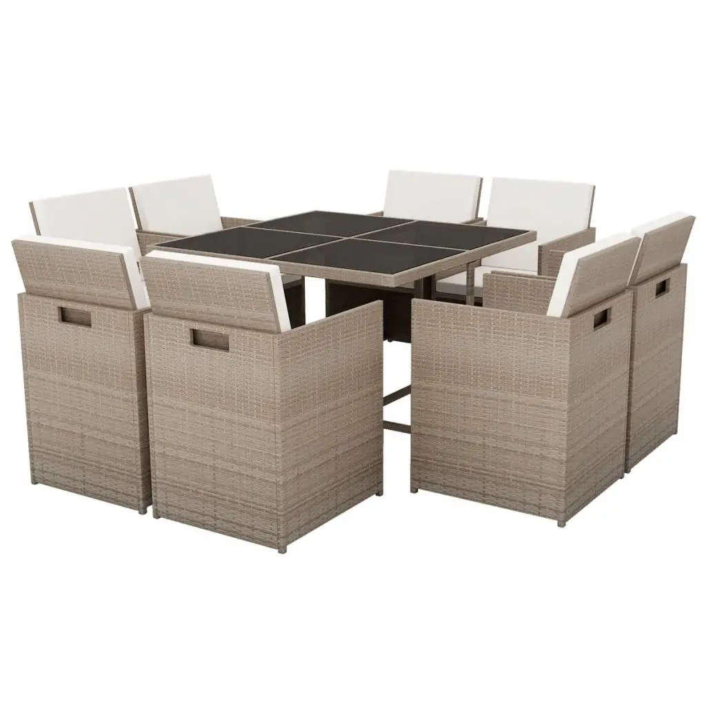 vidaXL 9 Piece Outdoor Dining Set with Cushions Poly Rattan Beige