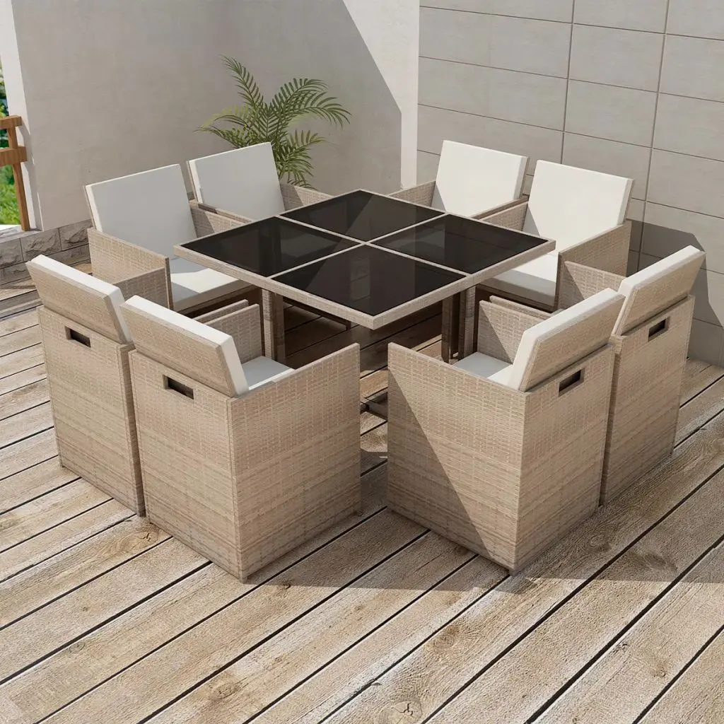 vidaXL 9 Piece Outdoor Dining Set with Cushions Poly Rattan Beige