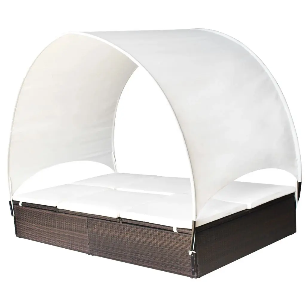 vidaXL Double Sun Lounger with Canopy Poly Rattan Brown