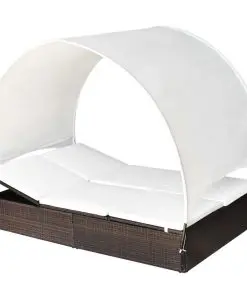 vidaXL Double Sun Lounger with Canopy Poly Rattan Brown