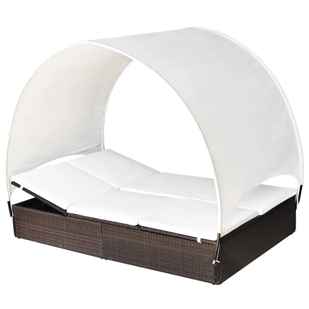 vidaXL Double Sun Lounger with Canopy Poly Rattan Brown