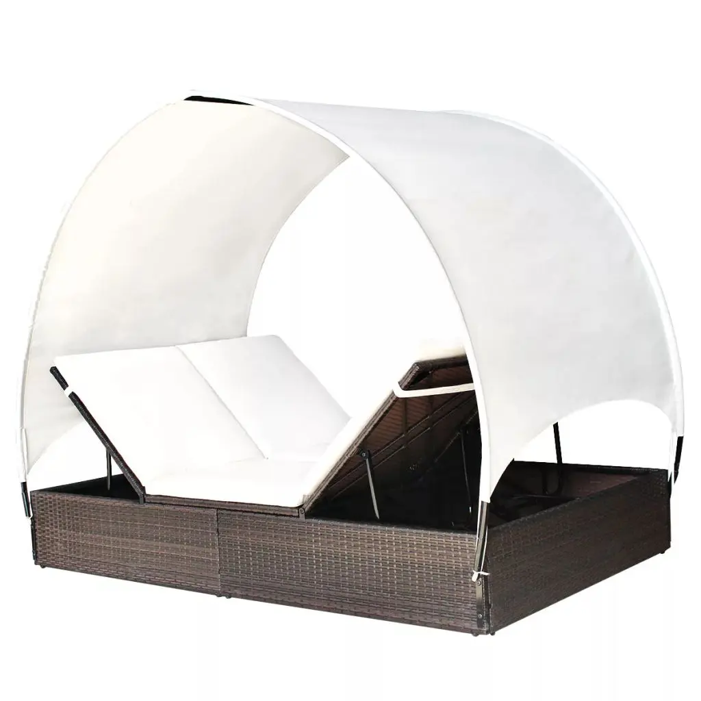 vidaXL Double Sun Lounger with Canopy Poly Rattan Brown