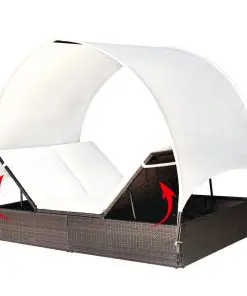 vidaXL Double Sun Lounger with Canopy Poly Rattan Brown