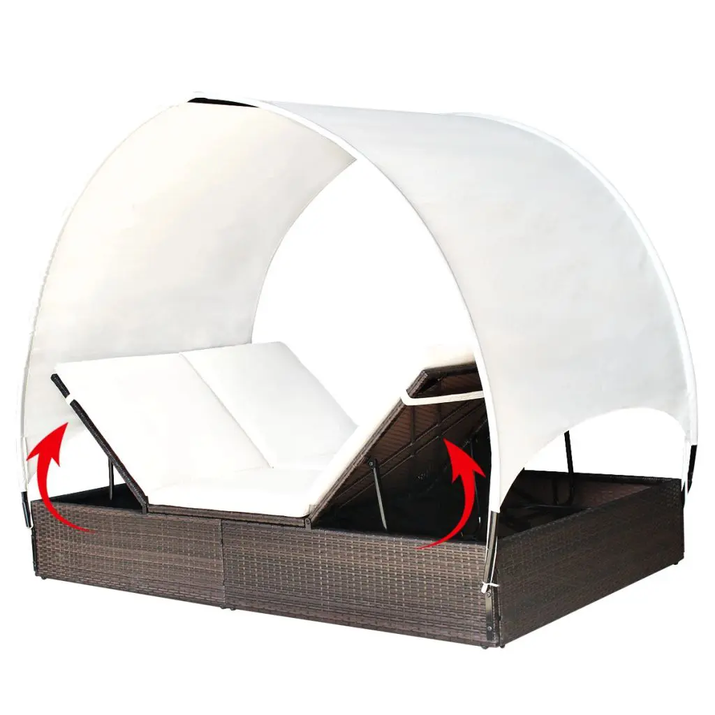 vidaXL Double Sun Lounger with Canopy Poly Rattan Brown