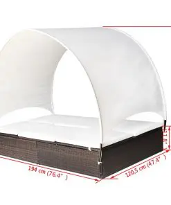 vidaXL Double Sun Lounger with Canopy Poly Rattan Brown