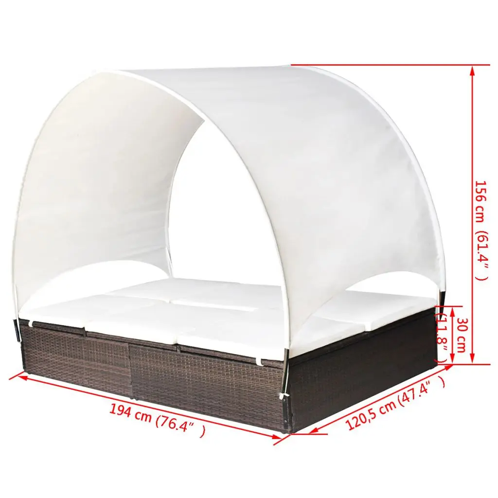 vidaXL Double Sun Lounger with Canopy Poly Rattan Brown