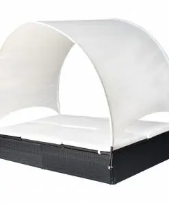 vidaXL Double Sun Lounger with Canopy Poly Rattan Black