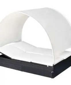 vidaXL Double Sun Lounger with Canopy Poly Rattan Black