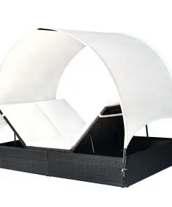 vidaXL Double Sun Lounger with Canopy Poly Rattan Black