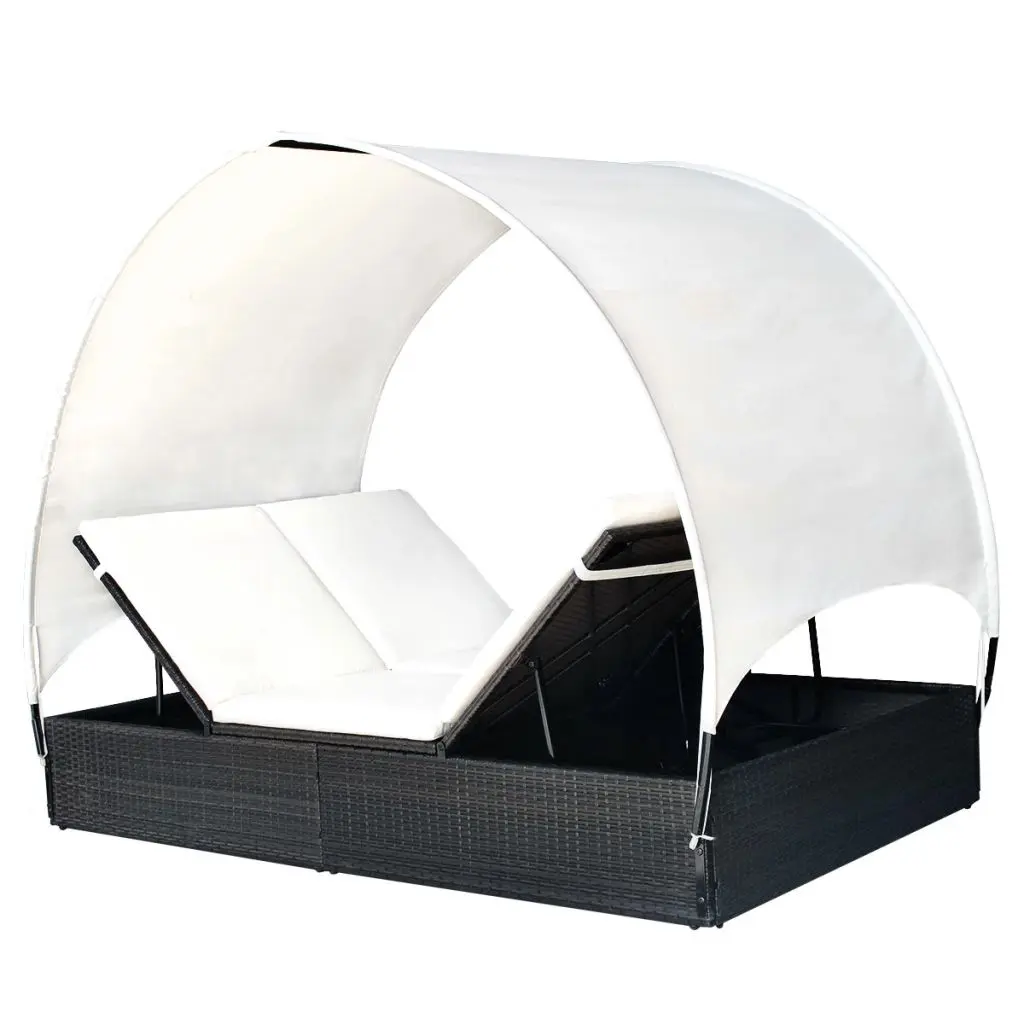 vidaXL Double Sun Lounger with Canopy Poly Rattan Black