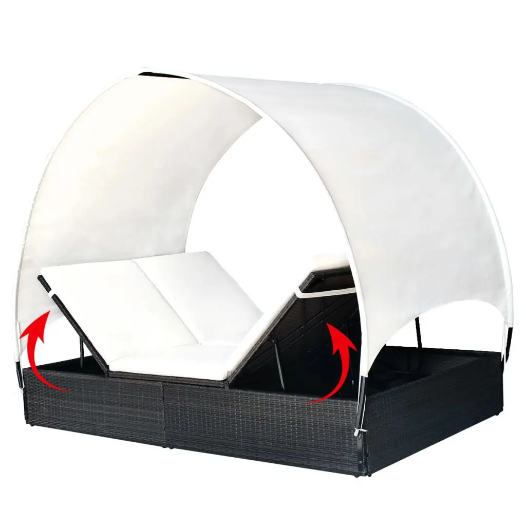 vidaXL Double Sun Lounger with Canopy Poly Rattan Black