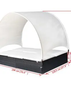vidaXL Double Sun Lounger with Canopy Poly Rattan Black