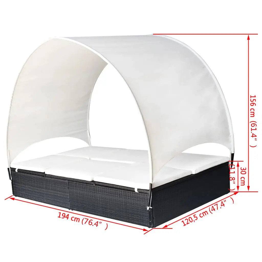 vidaXL Double Sun Lounger with Canopy Poly Rattan Black