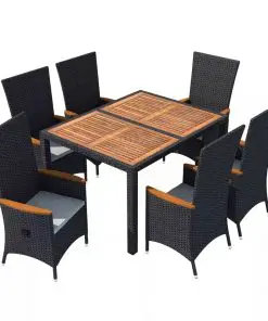 vidaXL 7 Piece Outdoor Dining Set Poly Rattan Acacia Wood Black