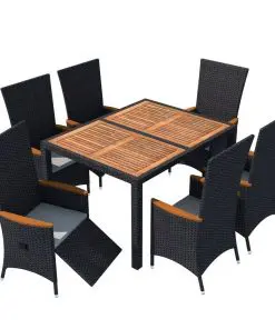 vidaXL 7 Piece Outdoor Dining Set Poly Rattan Acacia Wood Black