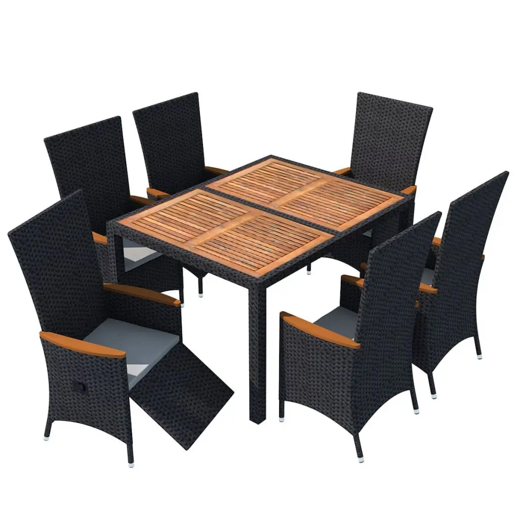 vidaXL 7 Piece Outdoor Dining Set Poly Rattan Acacia Wood Black
