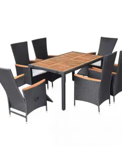vidaXL 7 Piece Outdoor Dining Set Poly Rattan Acacia Wood Black