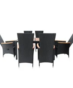 vidaXL 7 Piece Outdoor Dining Set Poly Rattan Acacia Wood Black