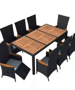vidaXL 9 Piece Outdoor Dining Set Poly Rattan Acacia Wood Black