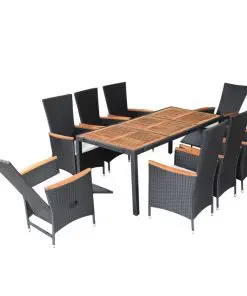 vidaXL 9 Piece Outdoor Dining Set Poly Rattan Acacia Wood Black