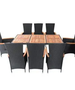 vidaXL 9 Piece Outdoor Dining Set Poly Rattan Acacia Wood Black