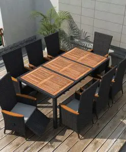 vidaXL 9 Piece Outdoor Dining Set Poly Rattan Acacia Wood Black