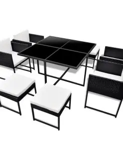 vidaXL 9 Piece Outdoor Dining Set with Cushions Poly Rattan Black