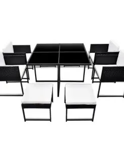 vidaXL 9 Piece Outdoor Dining Set with Cushions Poly Rattan Black