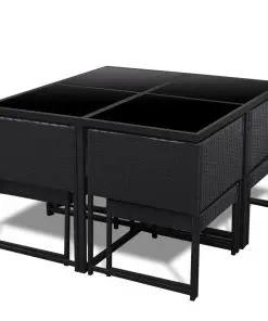 vidaXL 9 Piece Outdoor Dining Set with Cushions Poly Rattan Black