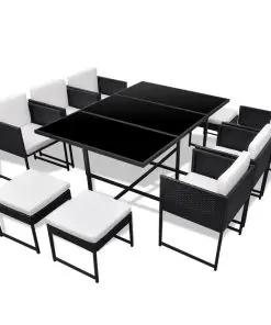 vidaXL 11 Piece Outdoor Dining Set with Cushions Poly Rattan Black