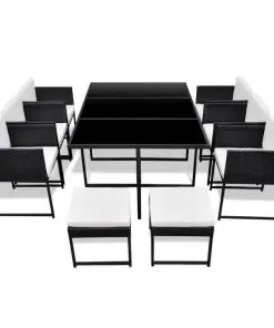 vidaXL 11 Piece Outdoor Dining Set with Cushions Poly Rattan Black