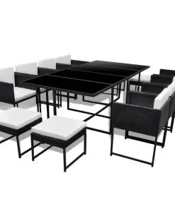 vidaXL 13 Piece Outdoor Dining Set with Cushions Poly Rattan Black
