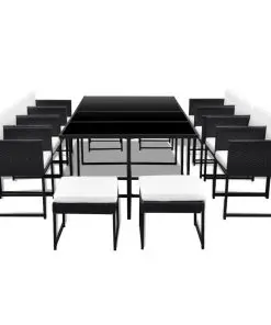 vidaXL 13 Piece Outdoor Dining Set with Cushions Poly Rattan Black