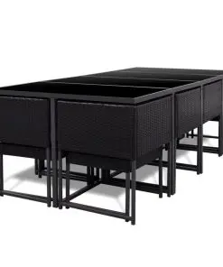 vidaXL 13 Piece Outdoor Dining Set with Cushions Poly Rattan Black