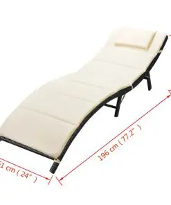 vidaXL Folding Sun Lounger with Cushion Poly Rattan Black