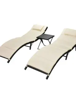 vidaXL Folding Sun Loungers 2 pcs with Table Poly Rattan Black