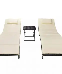 vidaXL Folding Sun Loungers 2 pcs with Table Poly Rattan Black