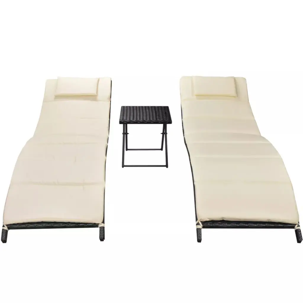 vidaXL Folding Sun Loungers 2 pcs with Table Poly Rattan Black