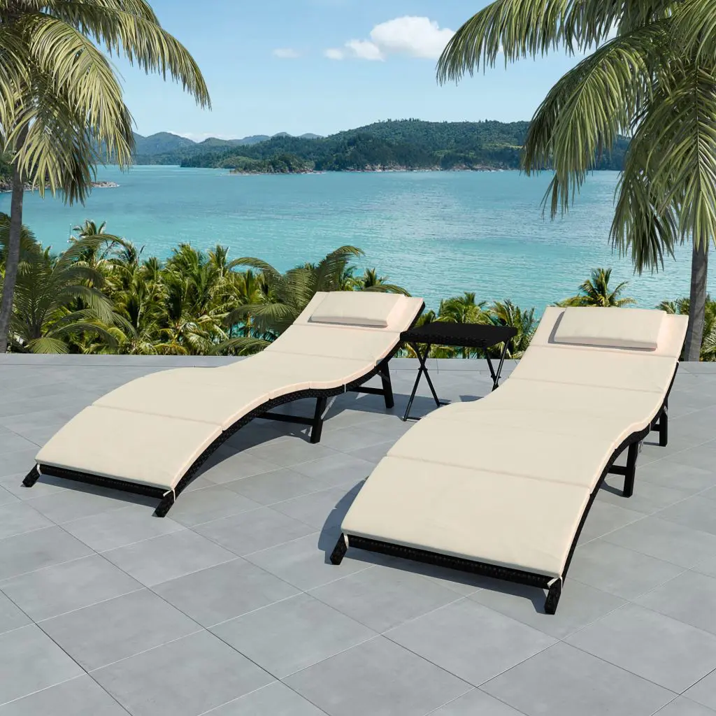 vidaXL Folding Sun Loungers 2 pcs with Table Poly Rattan Black