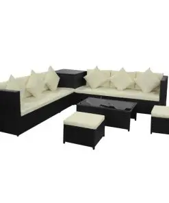 vidaXL 8 Piece Garden Lounge Set with Cushions Poly Rattan Black