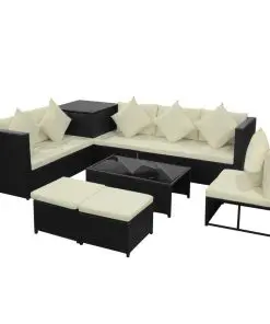 vidaXL 8 Piece Garden Lounge Set with Cushions Poly Rattan Black
