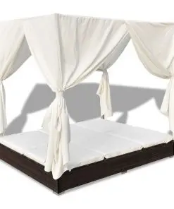 vidaXL Outdoor Lounge Bed with Curtains Poly Rattan Brown