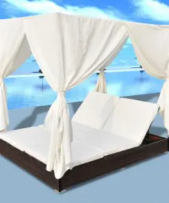 vidaXL Outdoor Lounge Bed with Curtains Poly Rattan Brown