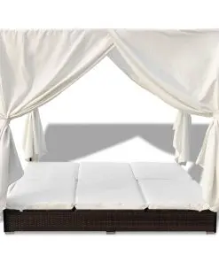 vidaXL Outdoor Lounge Bed with Curtains Poly Rattan Brown